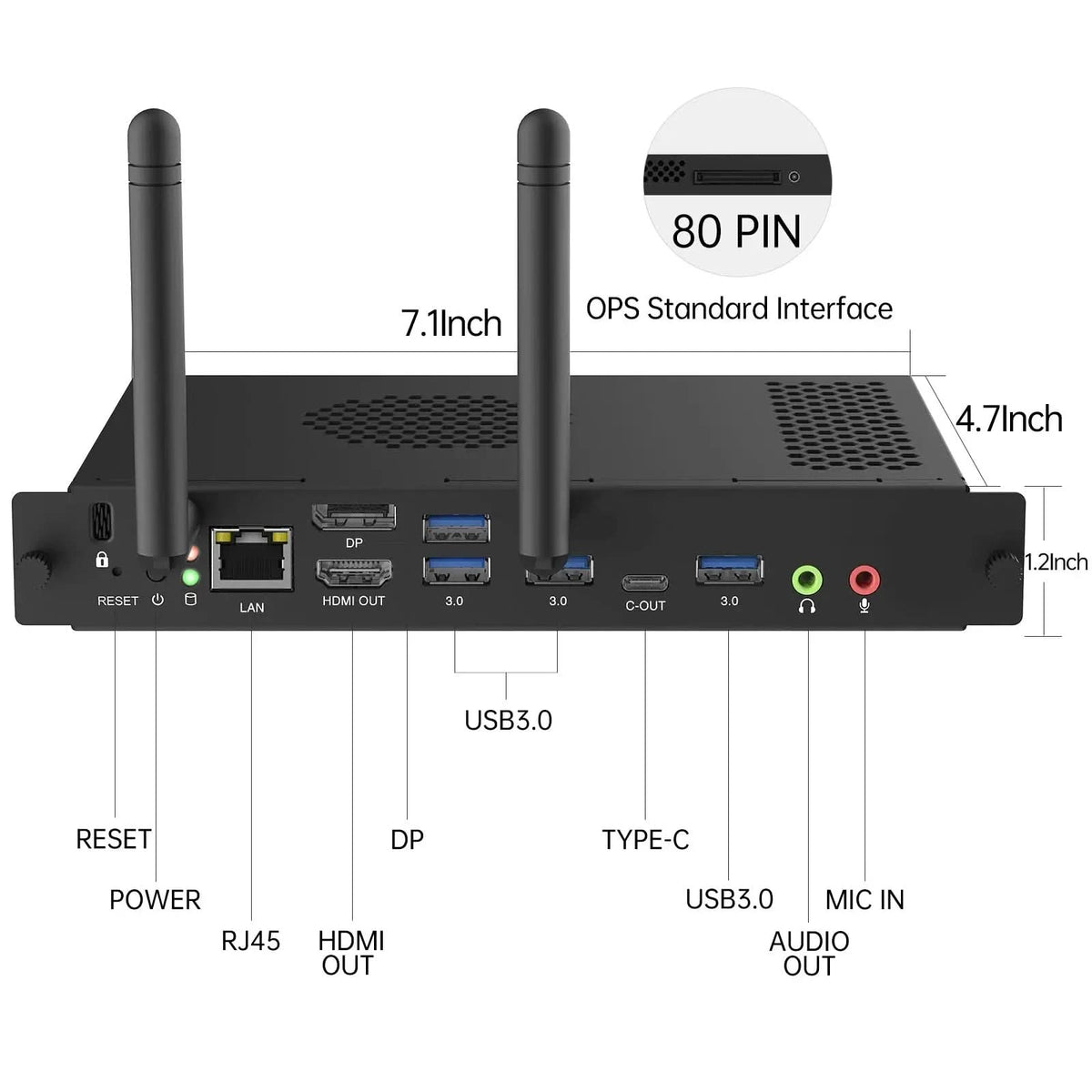 Technical diagram detailing dimensions and ports of the JAV Windows OPS 72A Mini PC Module. Key dimensions labeled include: 7.1-inch width, 4.7-inch height, and 1.2-inch depth. Ports clearly marked are: RESET, POWER, RJ45 LAN, HDMI Out, DisplayPort (DP), USB 3.0, USB-C (Type-C), and audio input/output jacks. The diagram also highlights the 80-PIN OPS Standard Interface. This image provides technical specifications for system integrators and product specifications.