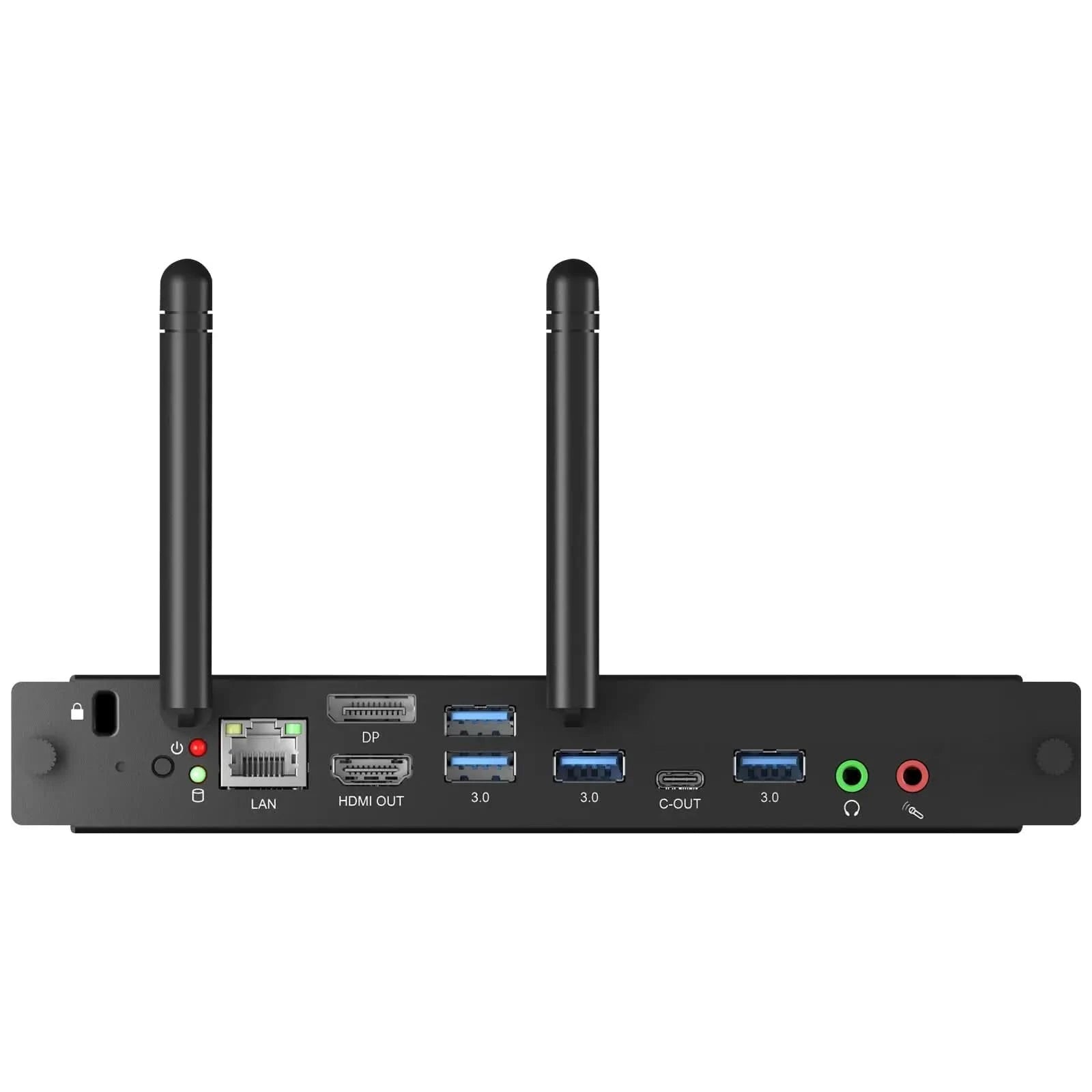 Rear view of JAV Windows OPS 72A Mini PC Module showcasing connectivity ports. Visible ports include: DisplayPort (DP), Ethernet (LAN), HDMI Out, multiple USB 3.0, USB-C (C-OUT), and audio jacks. Features dual antennas for wireless and indicator lights. This Intel i5 powered OPS module enhances interactive displays with versatile connectivity.