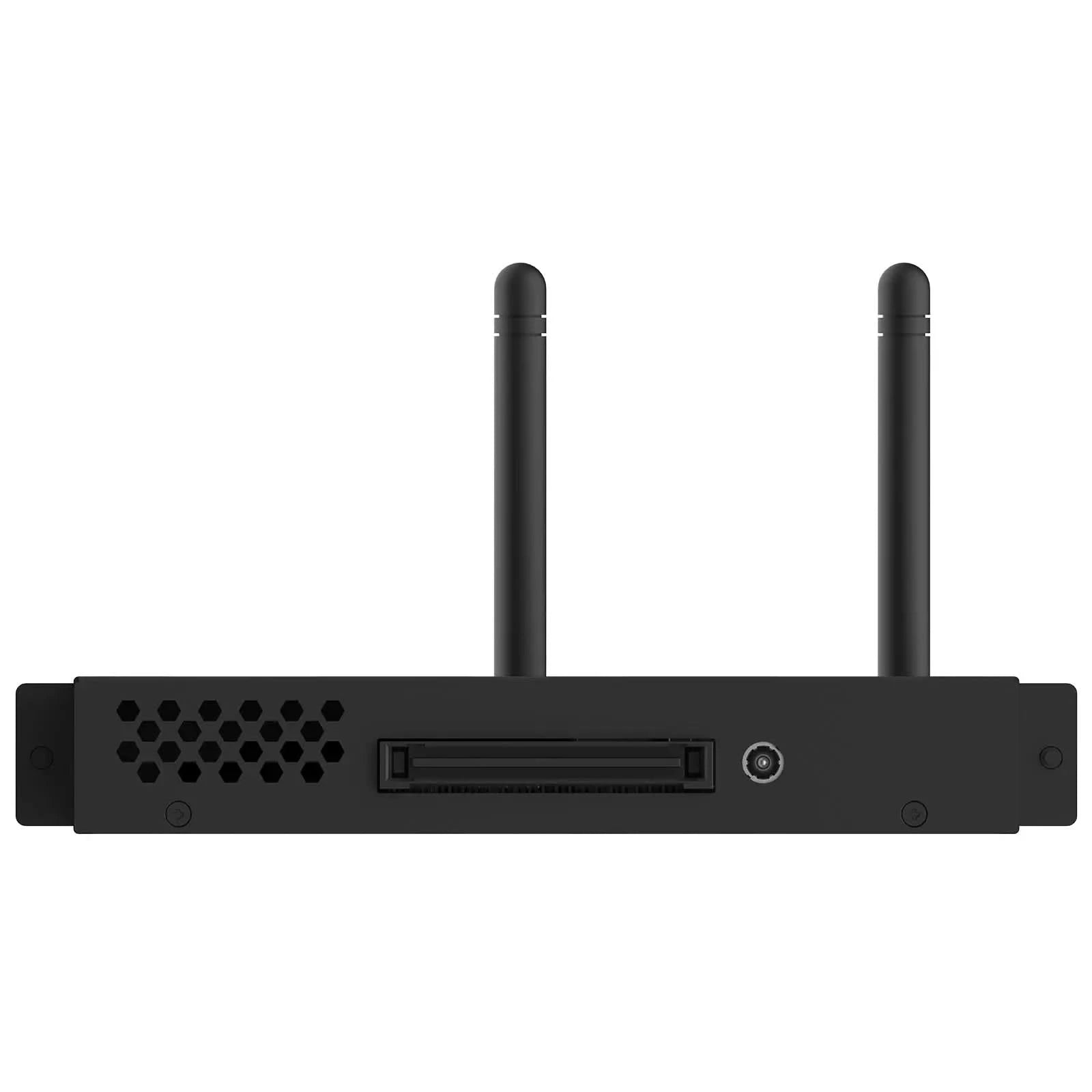 Side view of the JAV Windows OPS 72A Mini PC Module, emphasizing the OPS connector. This image highlights the OPS (Open Pluggable Specification) interface for easy plug-in to interactive displays. Ventilation grills and the compact black design are also visible. This OPS module enables seamless integration and expansion for compatible displays.