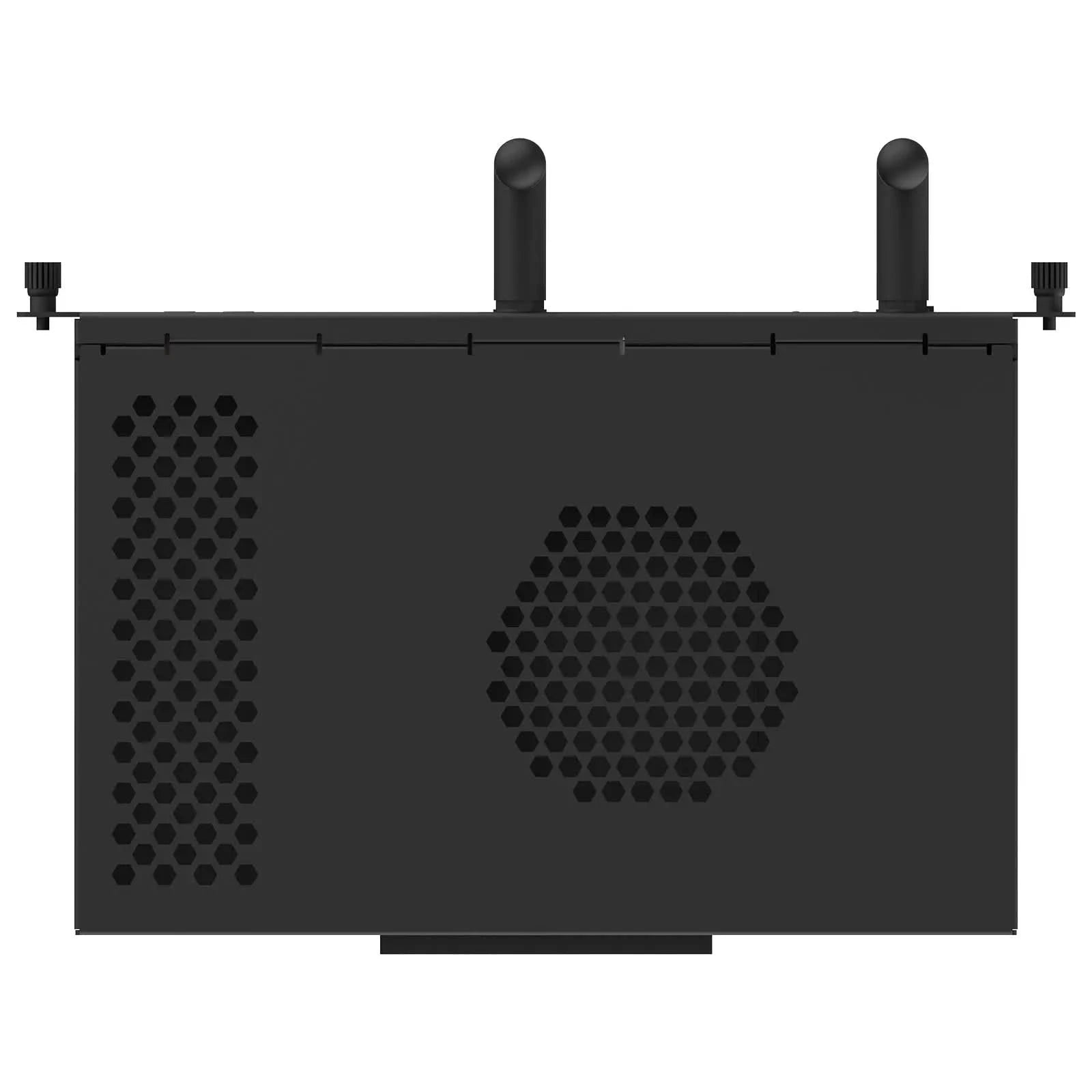 Top-down view of the JAV Windows OPS 72A Mini PC Module. Image highlights dual antennas for wireless connectivity and ventilation holes for cooling. The compact black case design is also visible. This OPS module is designed for interactive displays and features passive cooling.