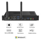 Image detailing specifications of the JAV Windows OPS 72A Mini PC Module. The rear panel is shown with ports labeled: DP, LAN, HDMI Out, USB 3.0, USB-C, and audio. Key features highlighted include: Windows 11 OS, 40 Point Touch, Intel i5 Processor, 8GB RAM + 256GB Storage, and Dual Antennas. This OPS module delivers powerful performance and connectivity for interactive displays.