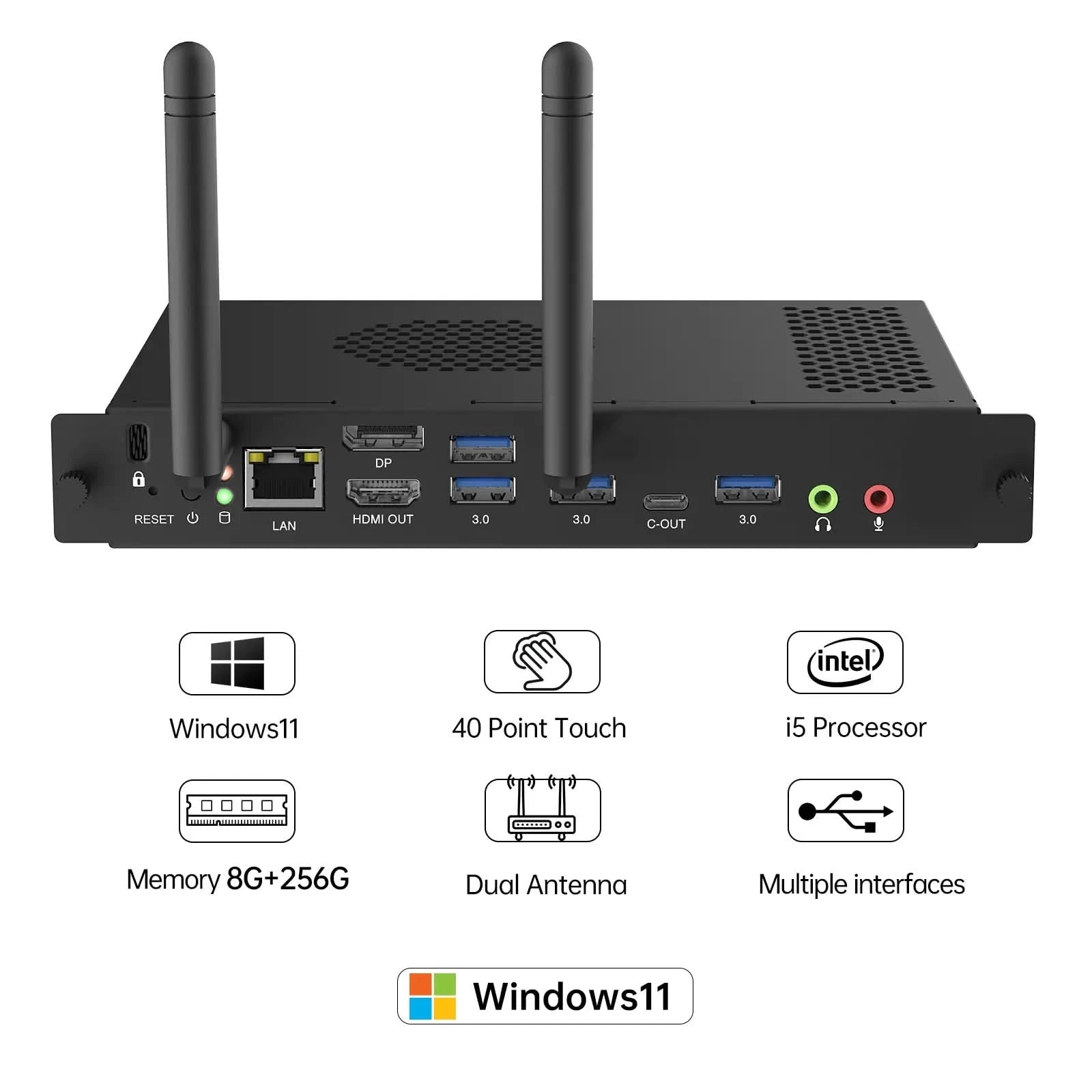 Image detailing specifications of the JAV Windows OPS 72A Mini PC Module. The rear panel is shown with ports labeled: DP, LAN, HDMI Out, USB 3.0, USB-C, and audio. Key features highlighted include: Windows 11 OS, 40 Point Touch, Intel i5 Processor, 8GB RAM + 256GB Storage, and Dual Antennas. This OPS module delivers powerful performance and connectivity for interactive displays.