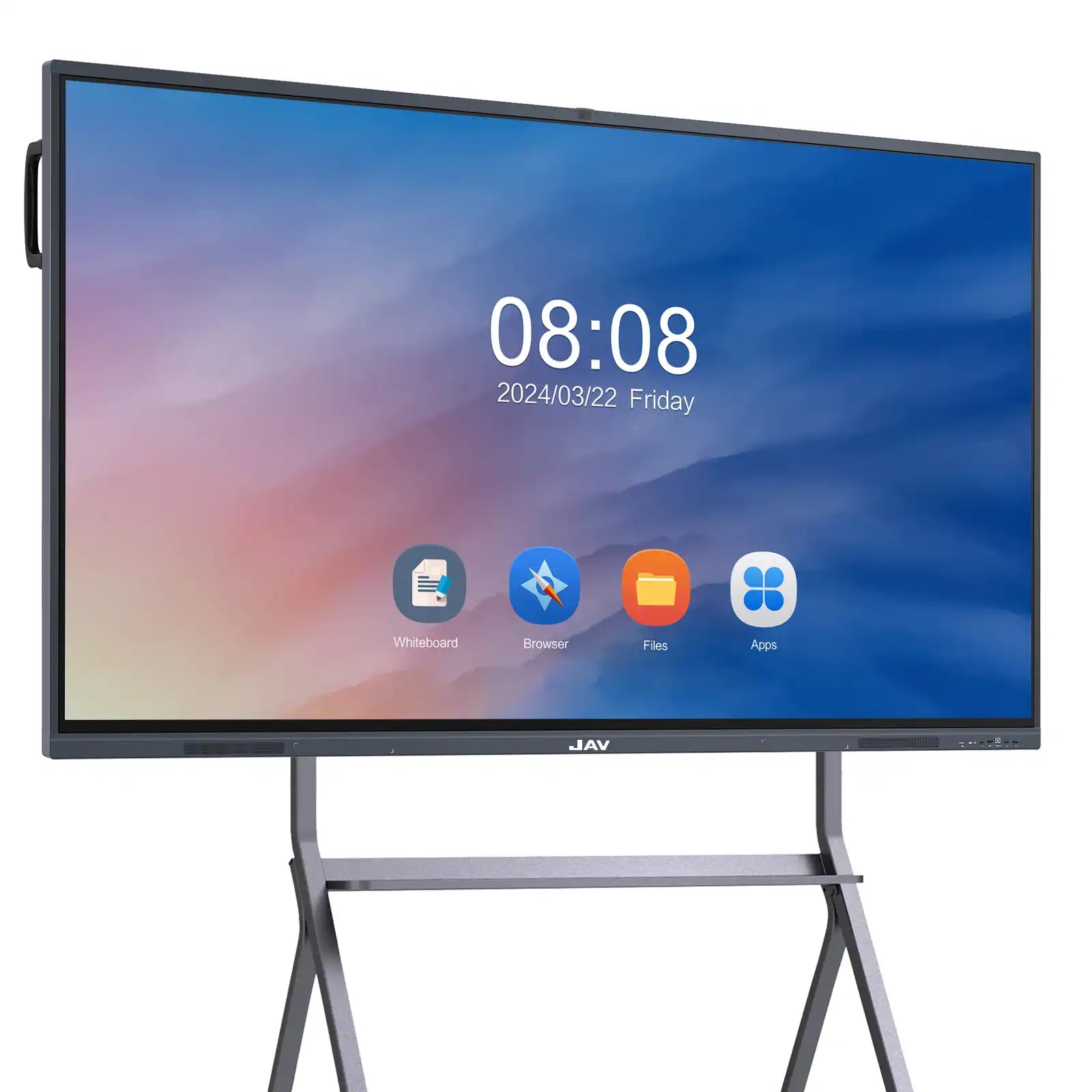 Upper section of a JAV H10S smart board mounted on a mobile stand, displaying its simplified home screen with core app icons.