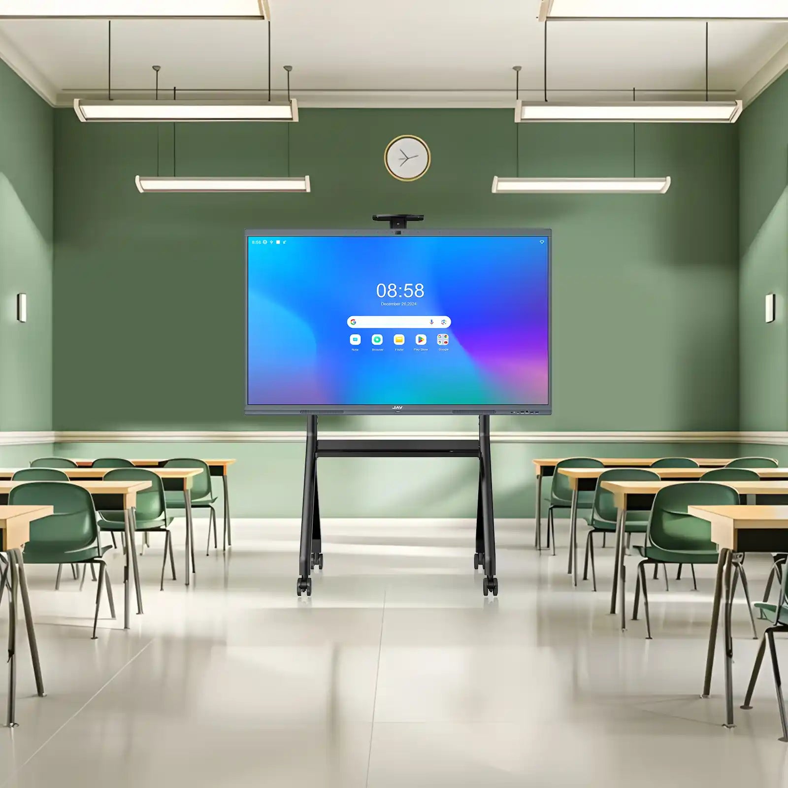 JAV H10S Pro smart board mounted on a mobile rolling stand at the front of an empty classroom with desks and chairs.