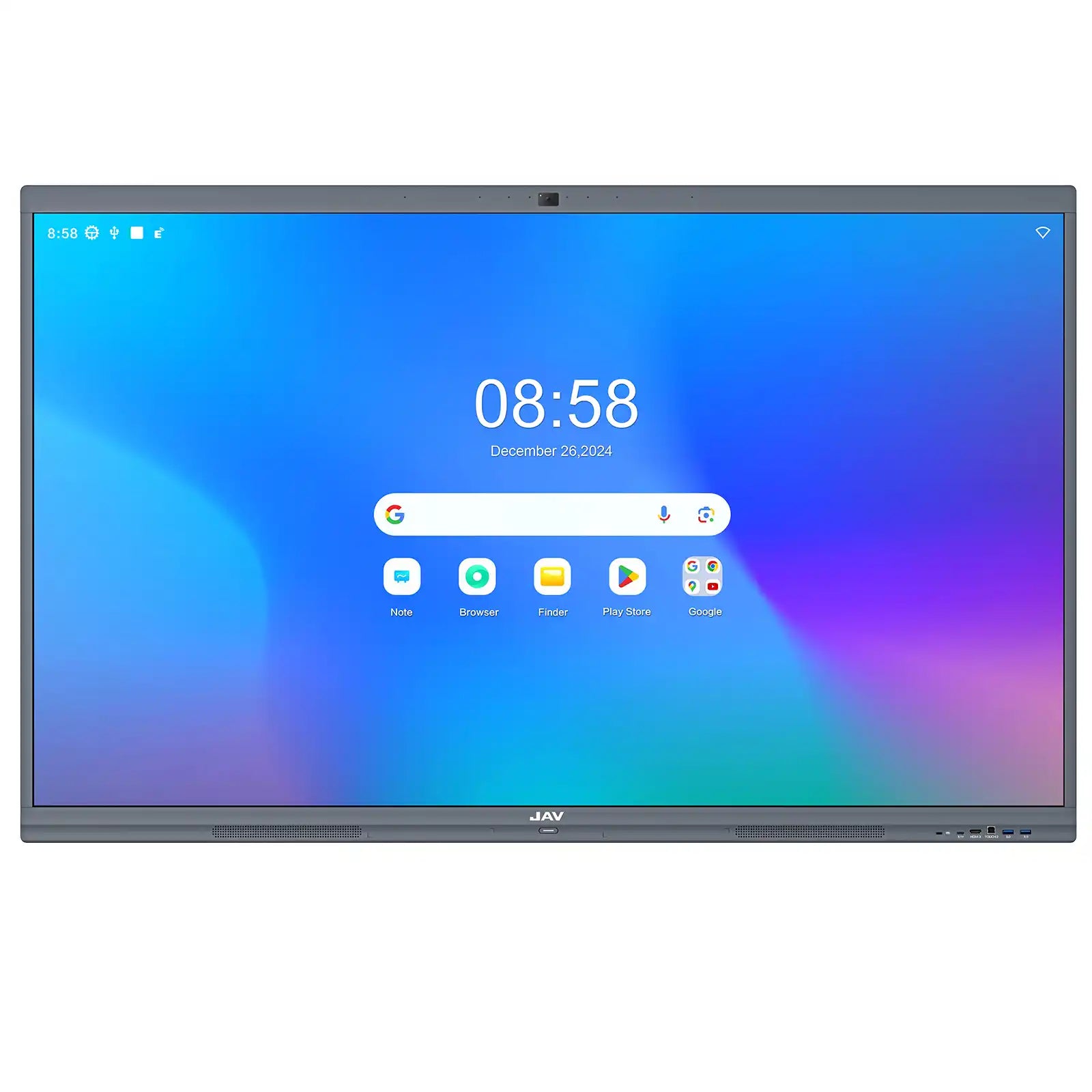 Product shot of the JAV H10S Pro smart board displaying the Android home screen with Google search bar and application icons.