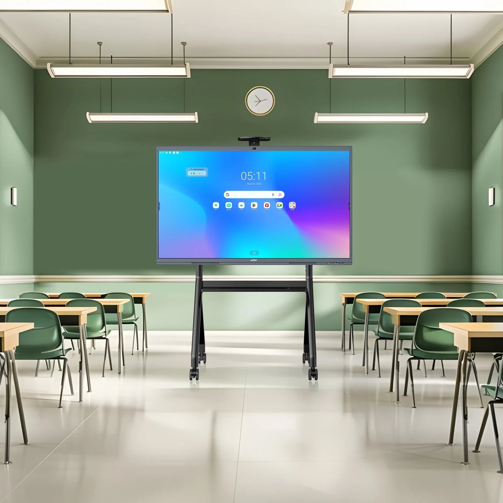 JAV H10S Pro smart board mounted on a mobile rolling stand at the front of an empty classroom with desks and chairs.