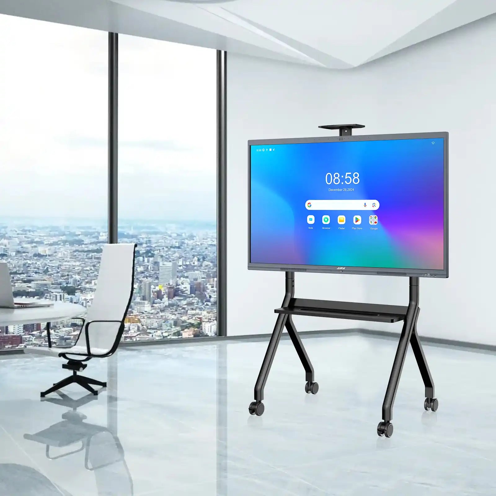JAV H10S Pro interactive display positioned on a mobile rolling stand within a bright, modern high-rise office setting.
