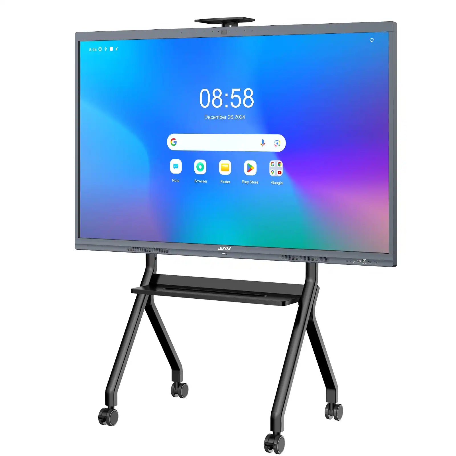 Front view of the JAV H10S Pro interactive display mounted on its black mobile rolling stand with shelves and caster wheels.
