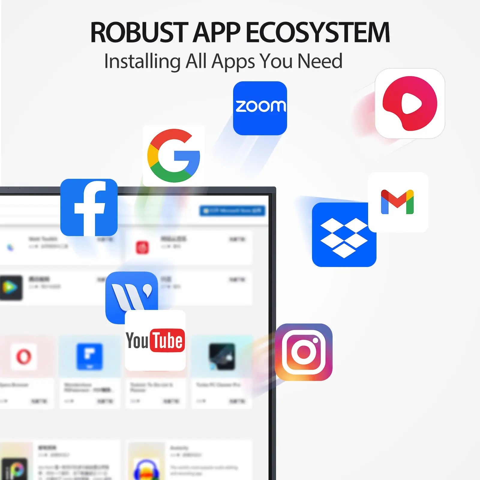 JAV Smart Board H10: Access a robust app ecosystem. This image highlights the smart board's compatibility with essential apps like Facebook, Google, Zoom, YouTube, Instagram, Dropbox, and Gmail, making it ideal for diverse applications. The text "ROBUST APP ECOSYSTEM" and "Installing All Apps You Need" are prominently displayed.