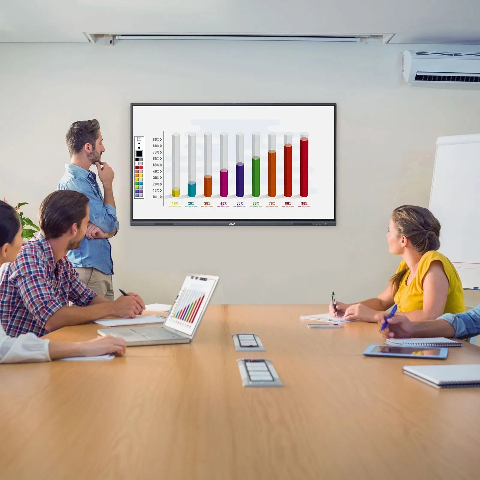 JAV Smart Board H10 in a meeting room displaying a bar chart. Ideal for presentations and collaborative data analysis.