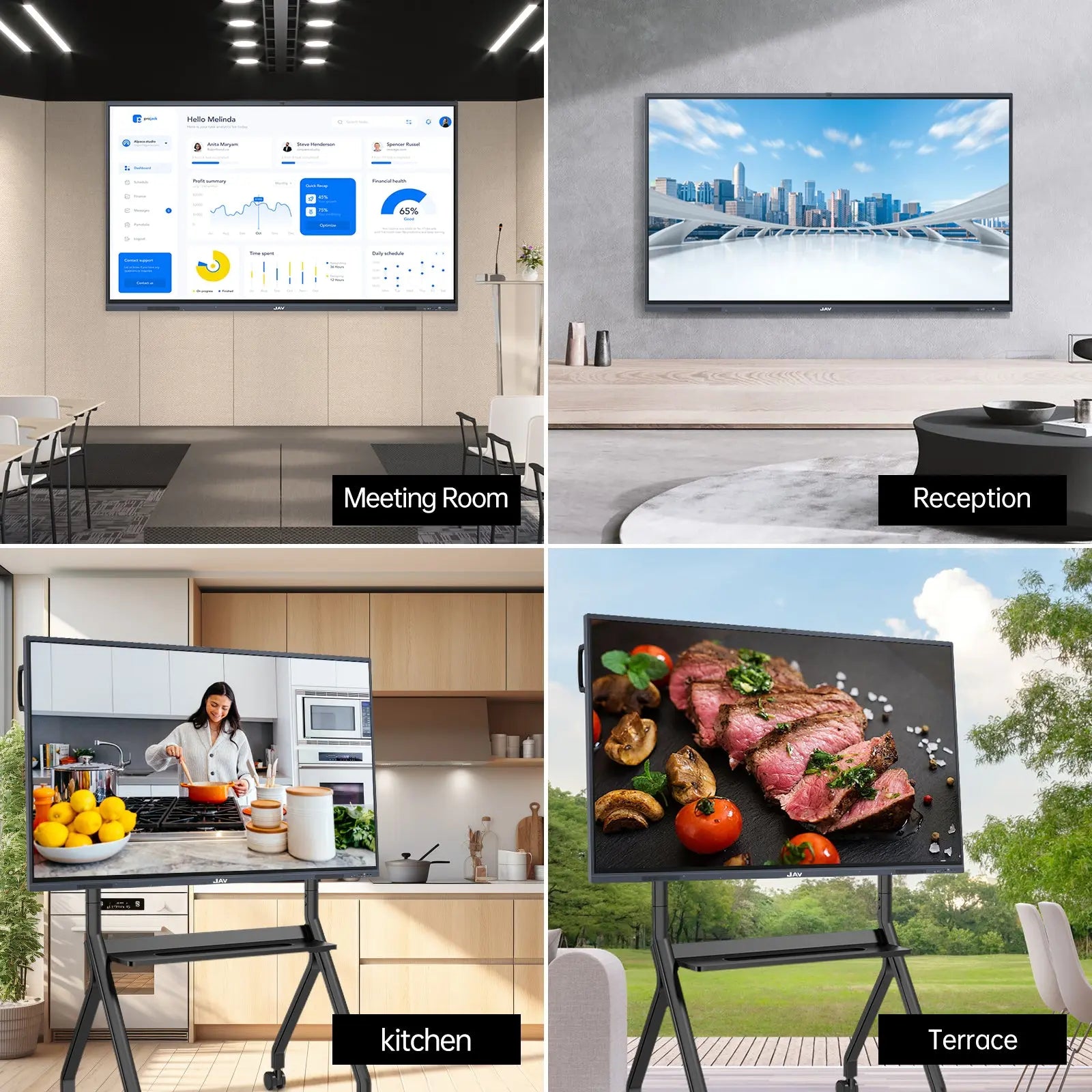 JAV Smart Board in action across diverse settings: from professional meeting rooms and receptions to kitchens and terraces