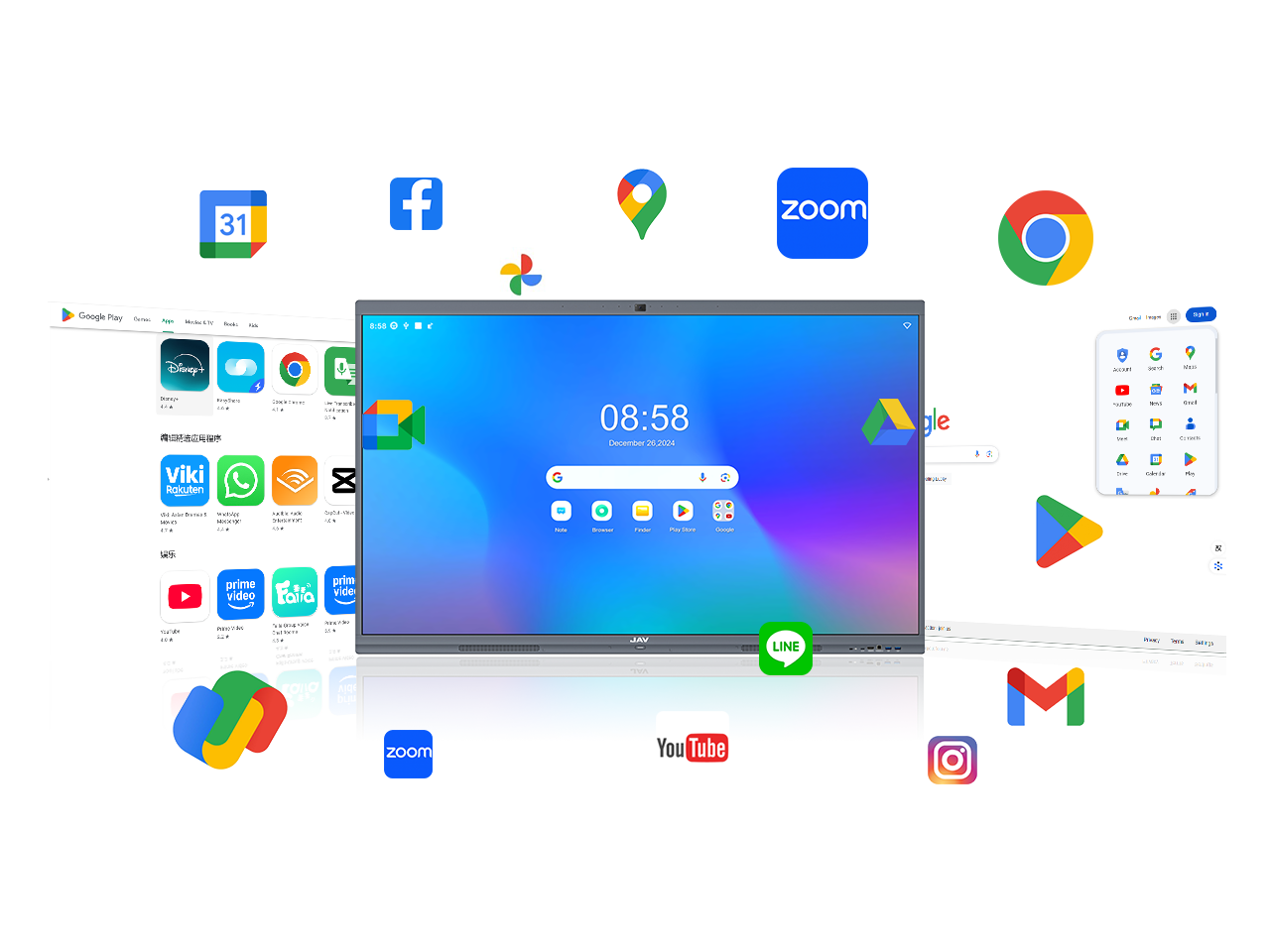 Interface of Google EDLA certified JAV smart board displaying access to Google Play Store and apps like Chrome, YouTube, and Zoom.