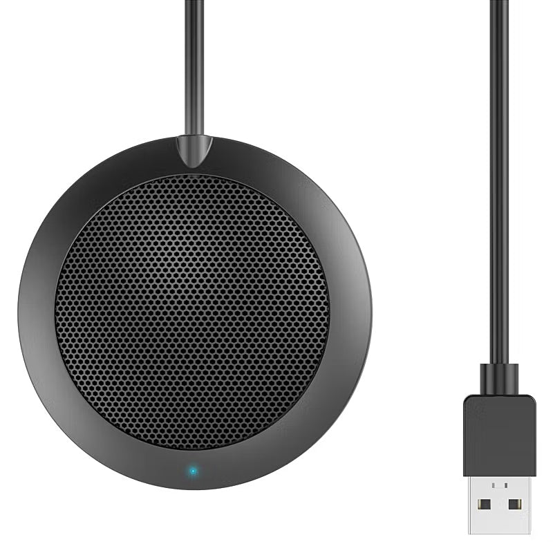 JAV M3 omnidirectional USB conference microphone showing its round mesh grille and attached USB cable.
