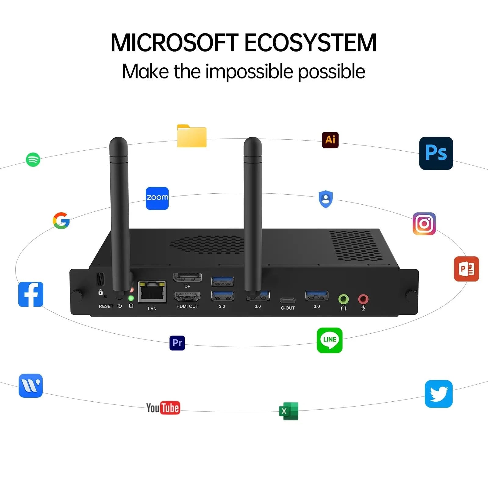 Image promoting the JAV Mini PC Module within the Microsoft Ecosystem. The module's rear panel is surrounded by icons of Microsoft Office, Adobe Creative Suite, Zoom, YouTube, and other popular applications, highlighting its broad software compatibility. Text reads "MICROSOFT ECOSYSTEM - Make the impossible possible." This versatile Mini PC seamlessly integrates with Microsoft environments and supports a wide range of software for productivity, creativity, and communication.