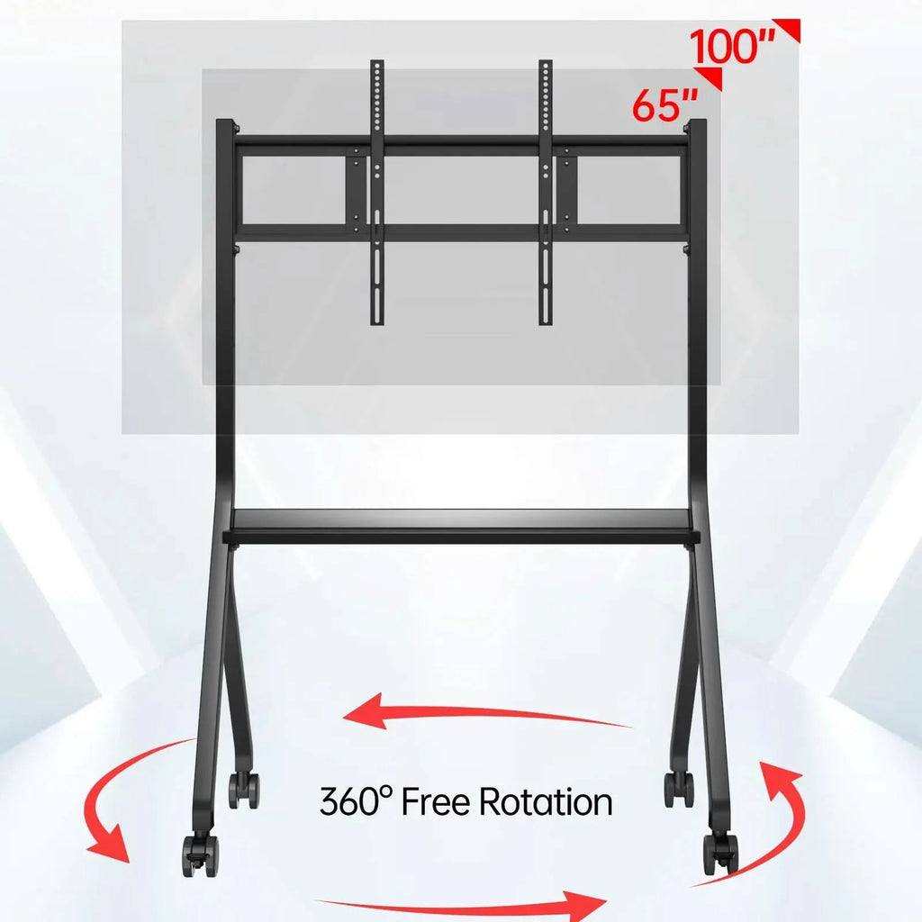 JAV Mobile Rolling Interactive Whiteboard Stand for 65-100 inch screens. Black stand with 360° rotation, lockable wheels, and a convenient shelf. Ideal portable display solution for education and business presentations.