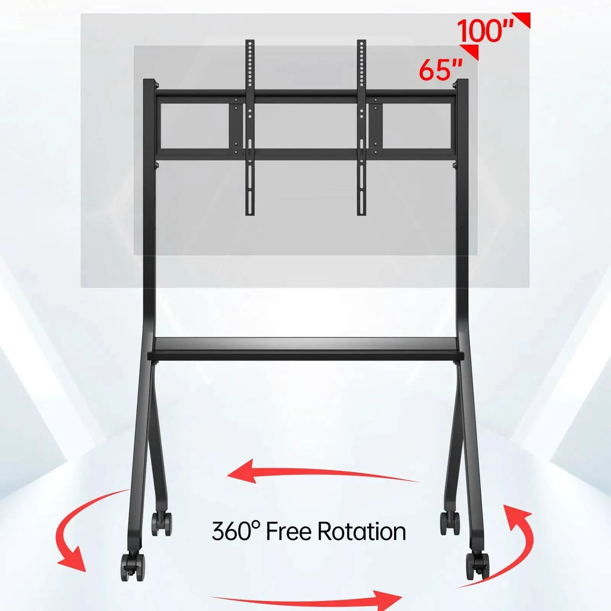 JAV Mobile Rolling Interactive Whiteboard Stand for 65-100 inch screens. Black stand with 360° rotation, lockable wheels, and a convenient shelf. Ideal portable display solution for education and business presentations.