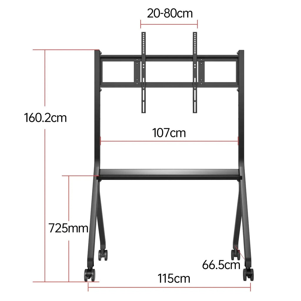 Technical drawing of a black JAV Smart Board mobile rolling stand for 55 to 85 inch screens. Dimensions include: Height 160.2cm, Width 107cm, Shelf Height 725mm, Leg Width 115cm (top) and 66.5cm (bottom), Adjustable Mount Width 20-80cm. Features lockable wheels and a utility shelf.