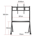 Technical drawing of a black JAV Smart Board mobile rolling stand for 55 to 85 inch screens. Dimensions include: Height 160.2cm, Width 107cm, Shelf Height 725mm, Leg Width 115cm (top) and 66.5cm (bottom), Adjustable Mount Width 20-80cm. Features lockable wheels and a utility shelf.