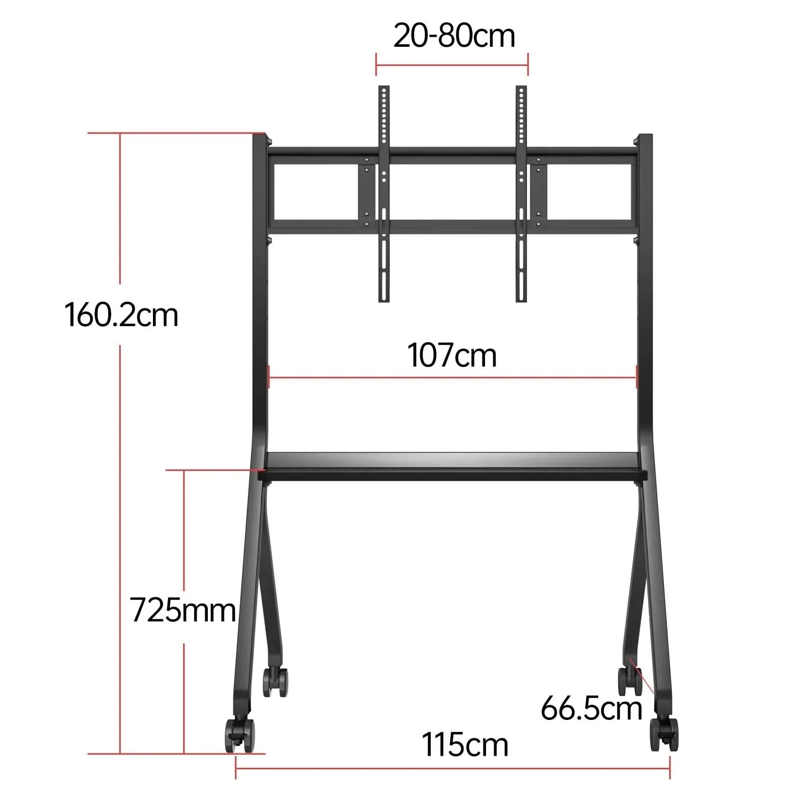 Technical drawing of a black JAV Smart Board mobile rolling stand for 55 to 85 inch screens. Dimensions include: Height 160.2cm, Width 107cm, Shelf Height 725mm, Leg Width 115cm (top) and 66.5cm (bottom), Adjustable Mount Width 20-80cm. Features lockable wheels and a utility shelf.