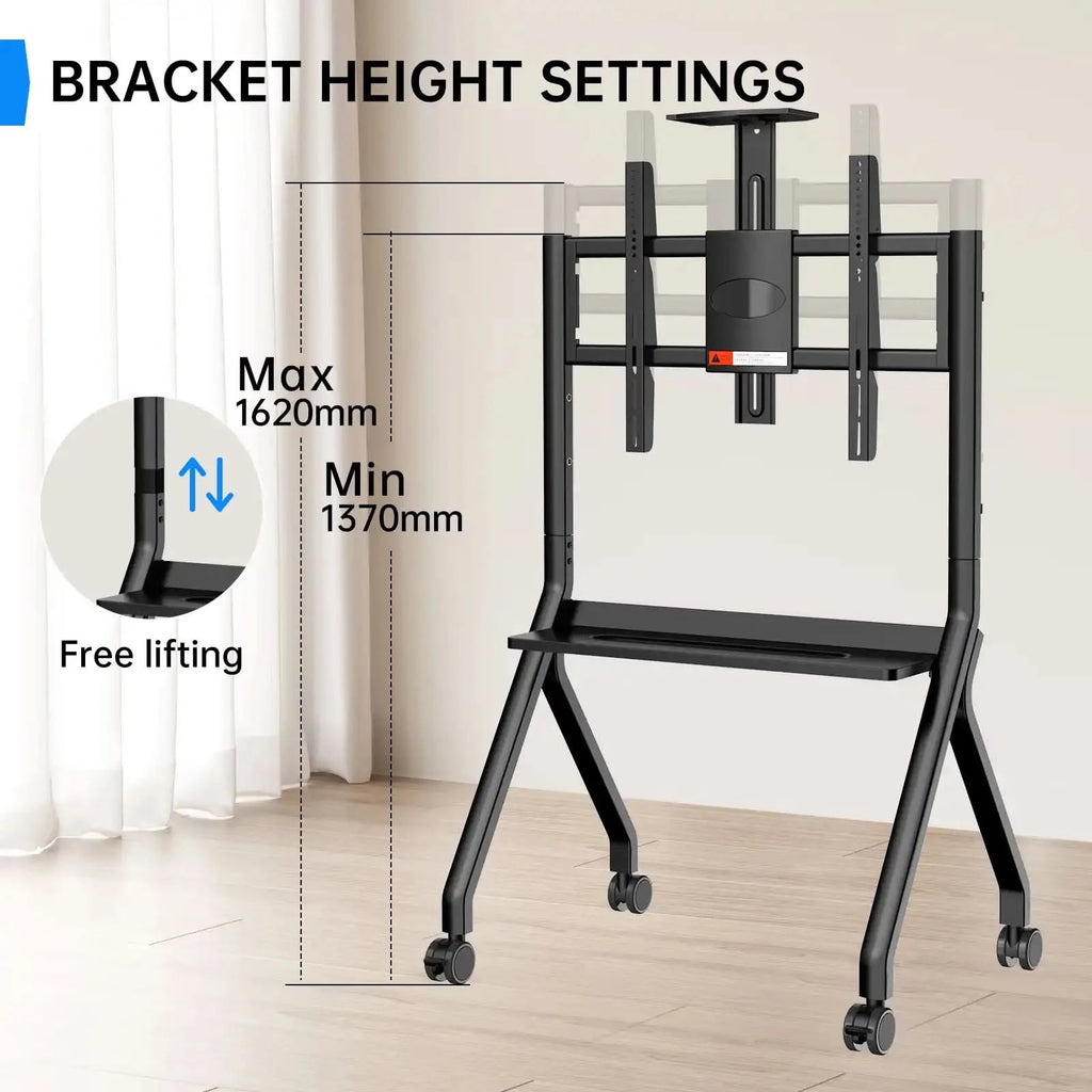 JAV FD570 smart board stand's 'Free lifting' feature, demonstrating the adjustable height range from 1370mm minimum to 1620mm maximum.