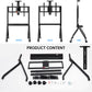 JAV FD570 mobile stand assembly overview: displaying front, rear, and side profiles of the assembled cart, along with all included components and hardware laid out.