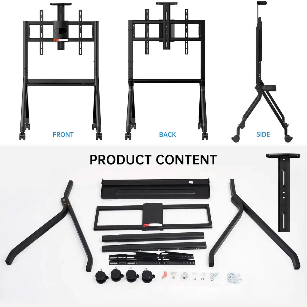 JAV FD570 mobile stand assembly overview: displaying front, rear, and side profiles of the assembled cart, along with all included components and hardware laid out.