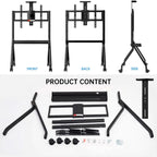 JAV FD570 mobile stand assembly overview: displaying front, rear, and side profiles of the assembled cart, along with all included components and hardware laid out.