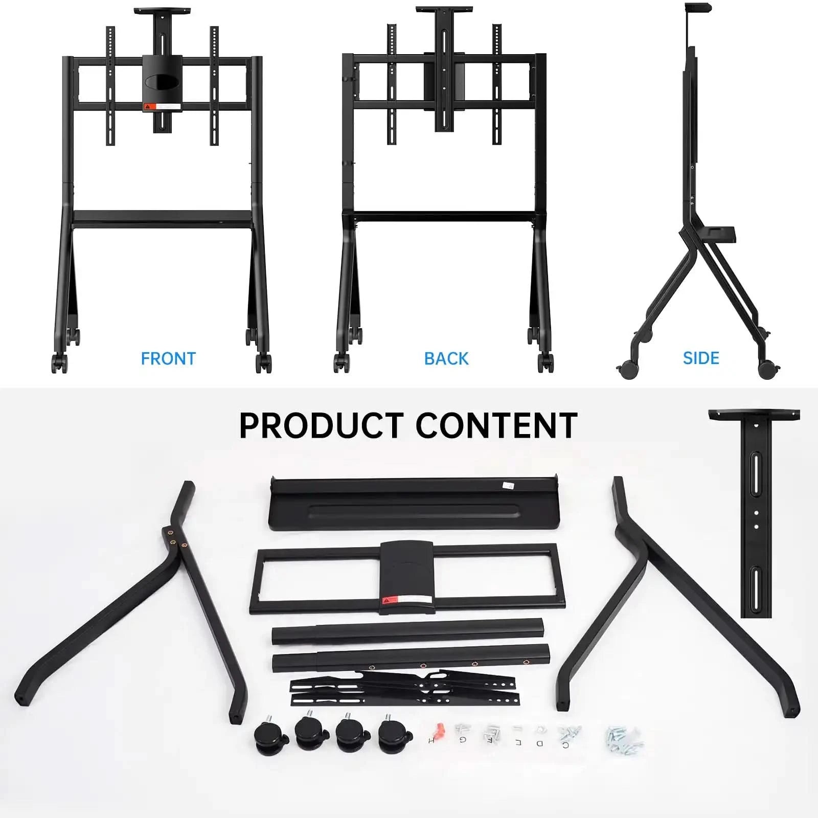 JAV FD570 mobile stand assembly overview: displaying front, rear, and side profiles of the assembled cart, along with all included components and hardware laid out.