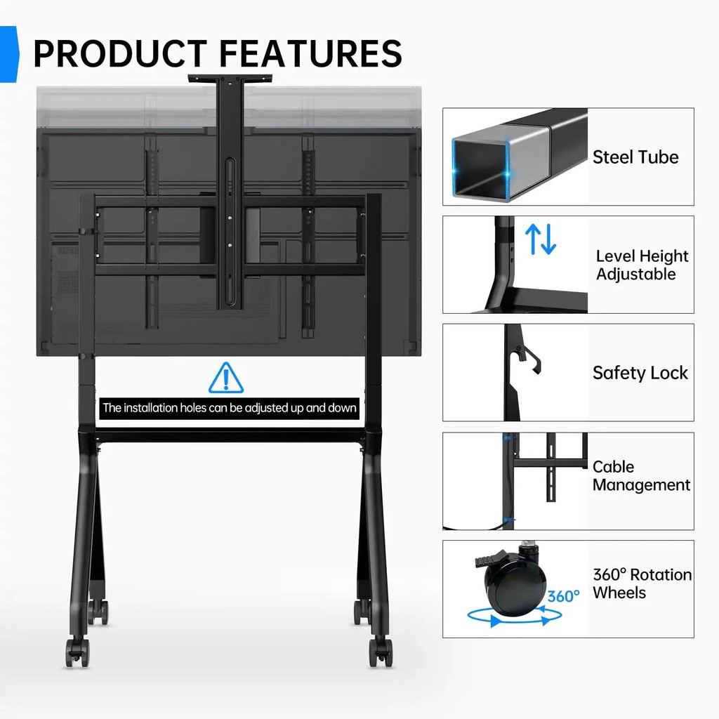 Feature breakdown for the JAV FD570 portable smart board cart, showcasing its construction, adjustability, safety, cable routing, and wheel mobility.