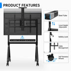 Feature breakdown for the JAV FD570 portable smart board cart, showcasing its construction, adjustability, safety, cable routing, and wheel mobility.