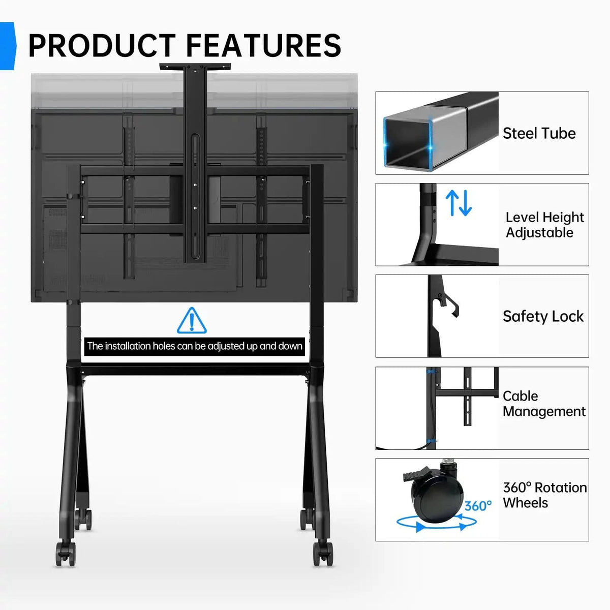 Feature breakdown for the JAV FD570 portable smart board cart, showcasing its construction, adjustability, safety, cable routing, and wheel mobility.