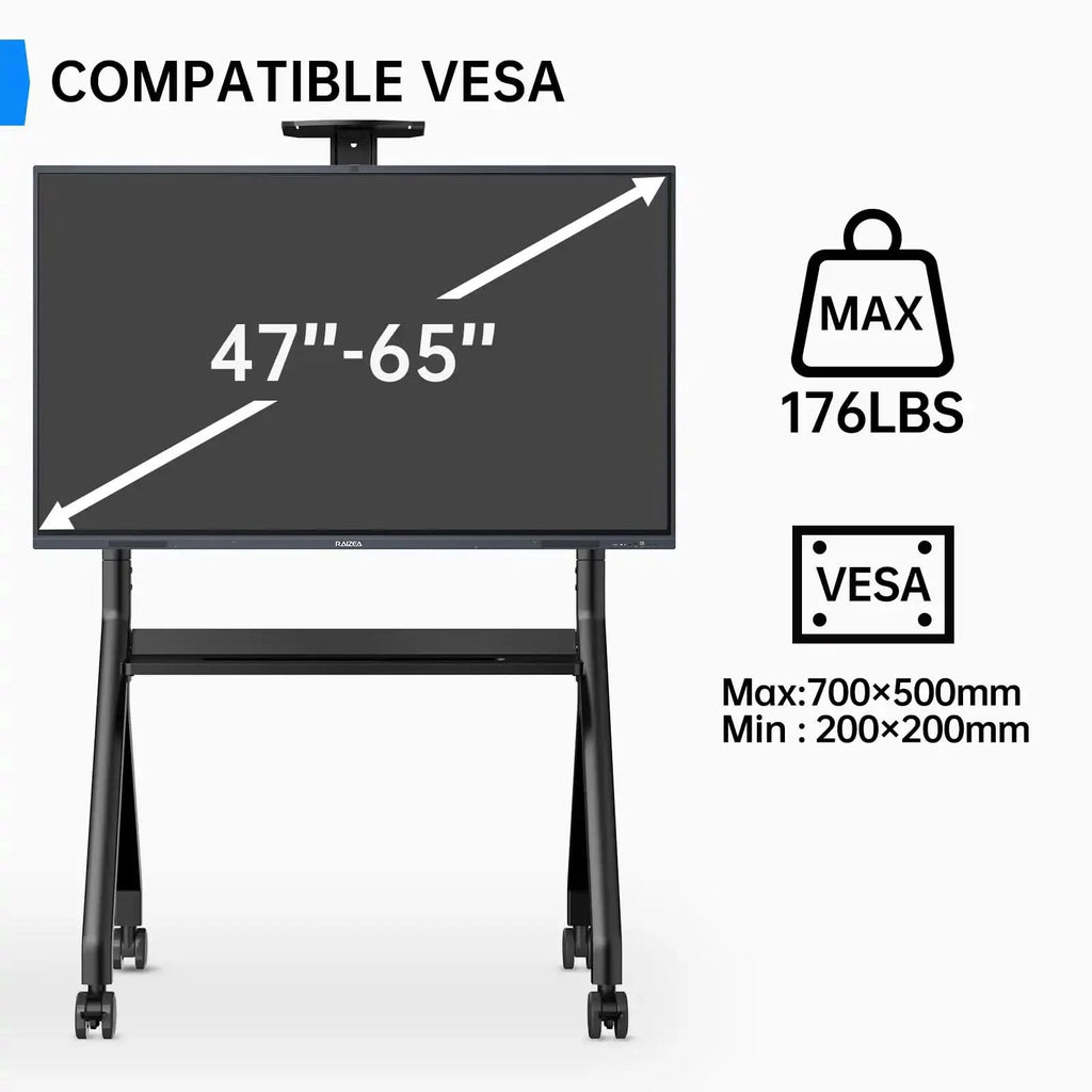 JAV FD570 rolling stand compatibility specifications: supports 47-65 inch displays, max weight 176 lbs, and VESA patterns from 200x200mm to 700x500mm.