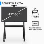 JAV FD570 rolling stand compatibility specifications: supports 47-65 inch displays, max weight 176 lbs, and VESA patterns from 200x200mm to 700x500mm.