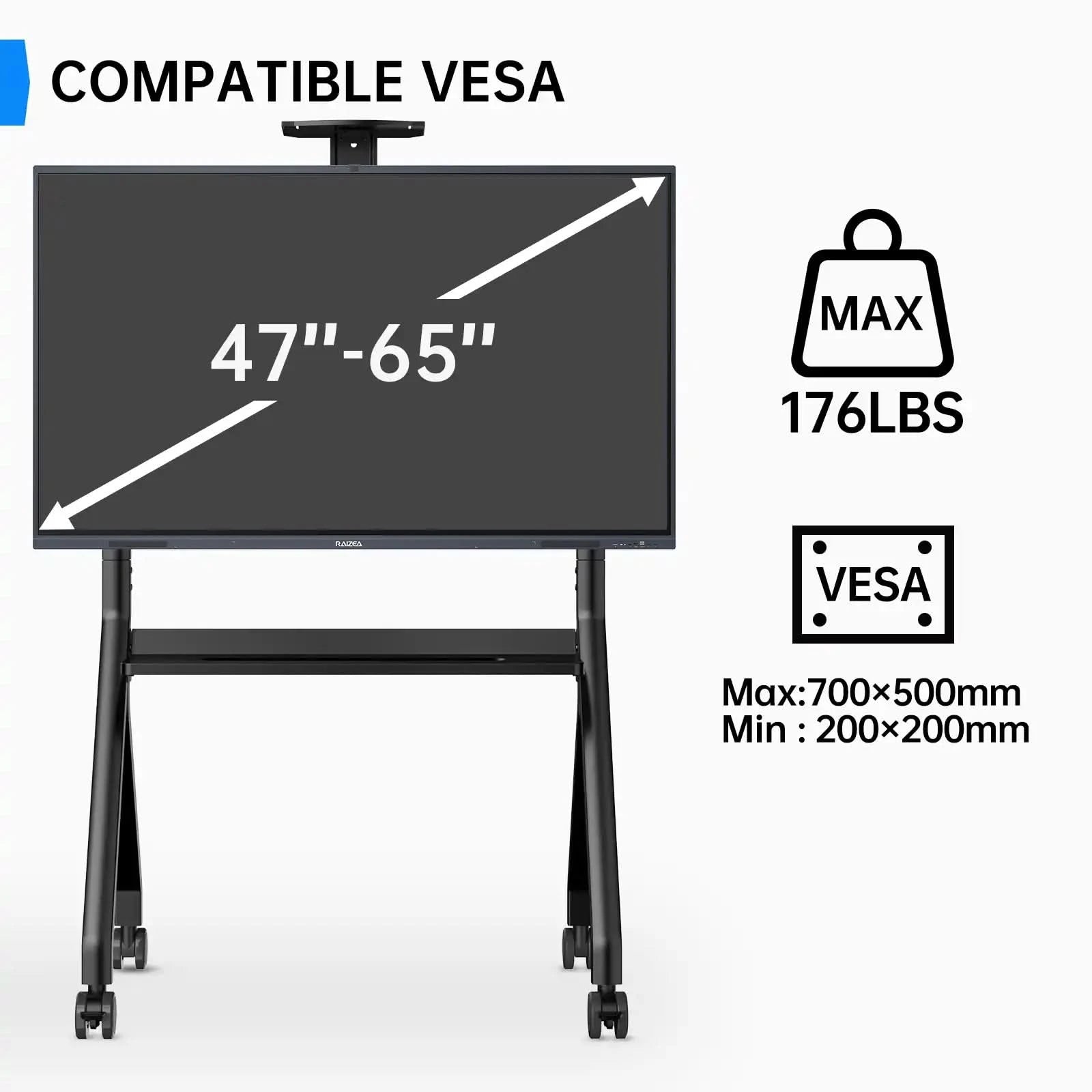 JAV FD570 rolling stand compatibility specifications: supports 47-65 inch displays, max weight 176 lbs, and VESA patterns from 200x200mm to 700x500mm.