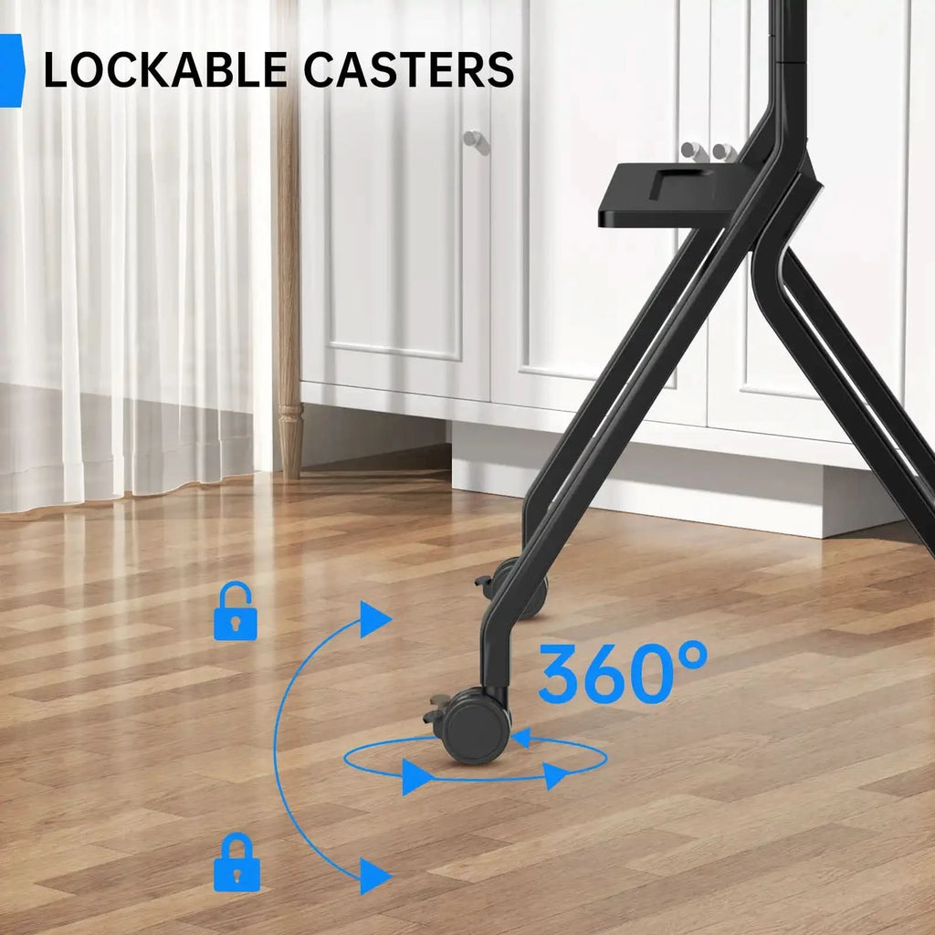 Close-up view of the base of the JAV FD570 mobile stand, demonstrating its lockable 360-degree caster wheels for mobility and stability.