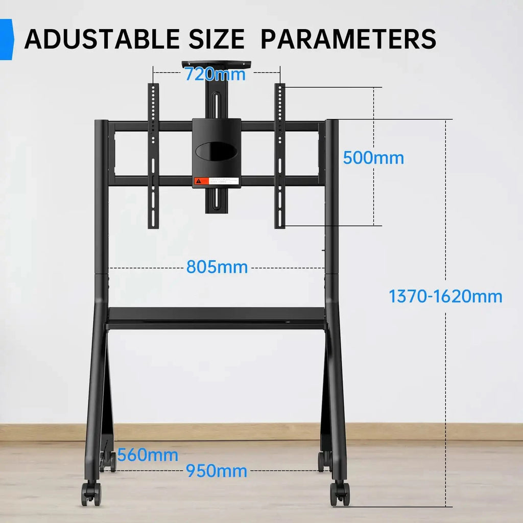 JAV FD570 mobile smart board stand dimensions diagram indicating adjustable height (1370-1620mm) and other key measurements.