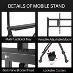 AV Mobile Rolling Stand. Highlights include: a multi-functional accessory tray, a versatile adjustable screen mount, a fixed back panel bracket for stability, and lockable casters for secure mobility. Ideal for interactive displays.