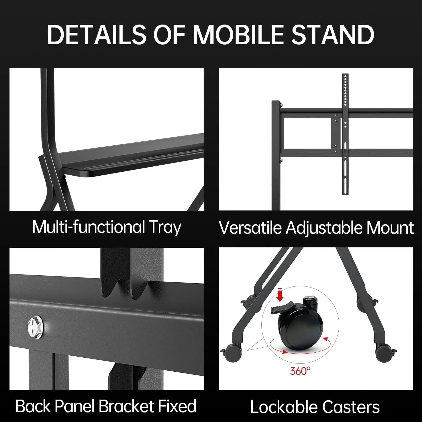 AV Mobile Rolling Stand. Highlights include: a multi-functional accessory tray, a versatile adjustable screen mount, a fixed back panel bracket for stability, and lockable casters for secure mobility. Ideal for interactive displays.