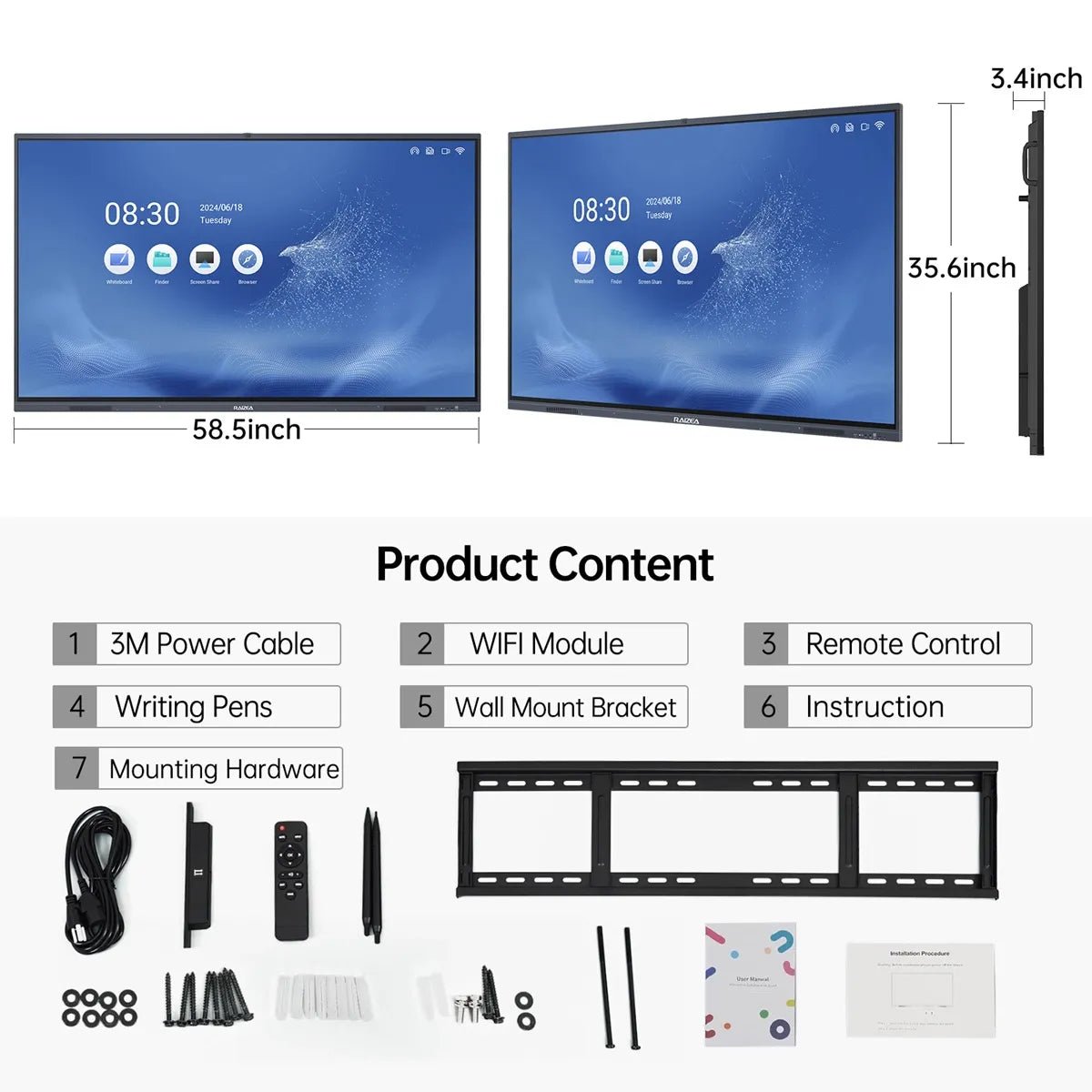 Image that shows what's in the package of RAIZEA 65-inch H10S smart board 