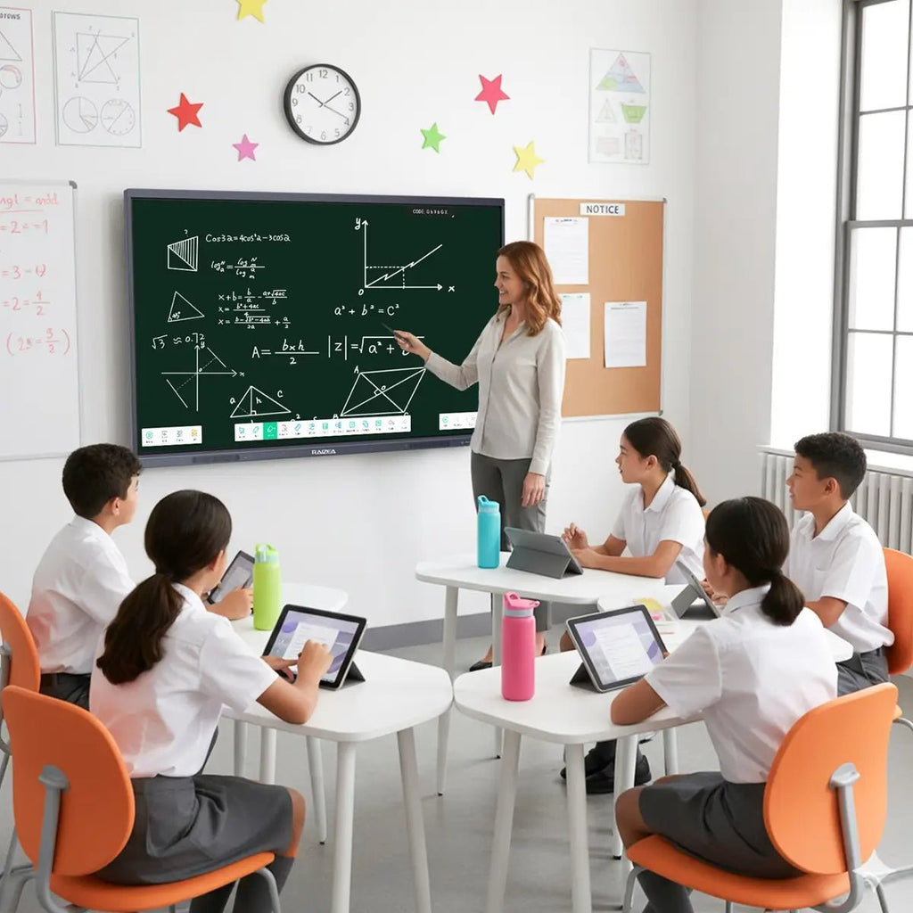 Teacher using RAIZEA 65-inch H10S smart interactive flat panel for a math lesson