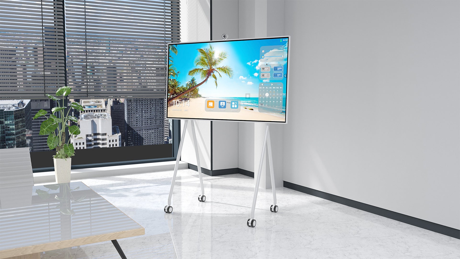 JAV H13S interactive display mounted on a white, A-frame mobile rolling stand within a modern office environment.