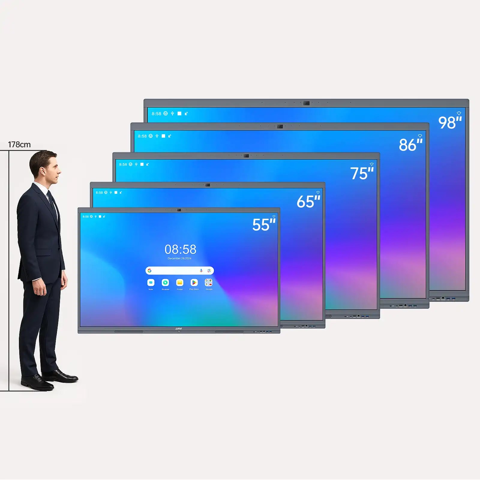 JAV H10S Pro interactive display size comparison chart showing 55, 65, 75, 86, and 98-inch models next to a 178cm man for visual scale reference.
