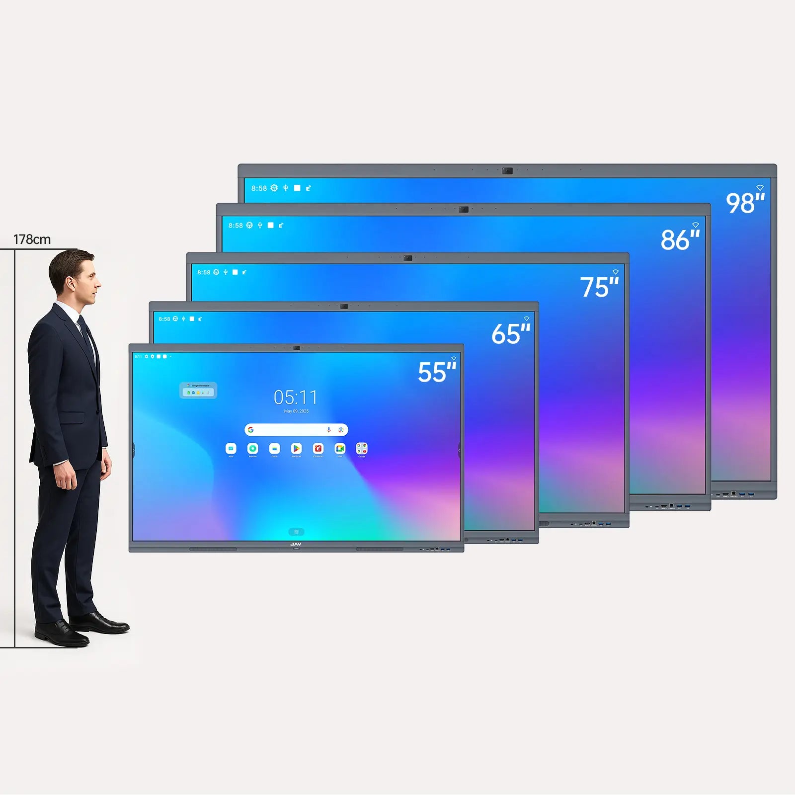 JAV H10S Pro interactive flat panel display size comparison chart showing 55, 65, 75, 86, and 98-inch models next to a 178cm man for visual scale reference.