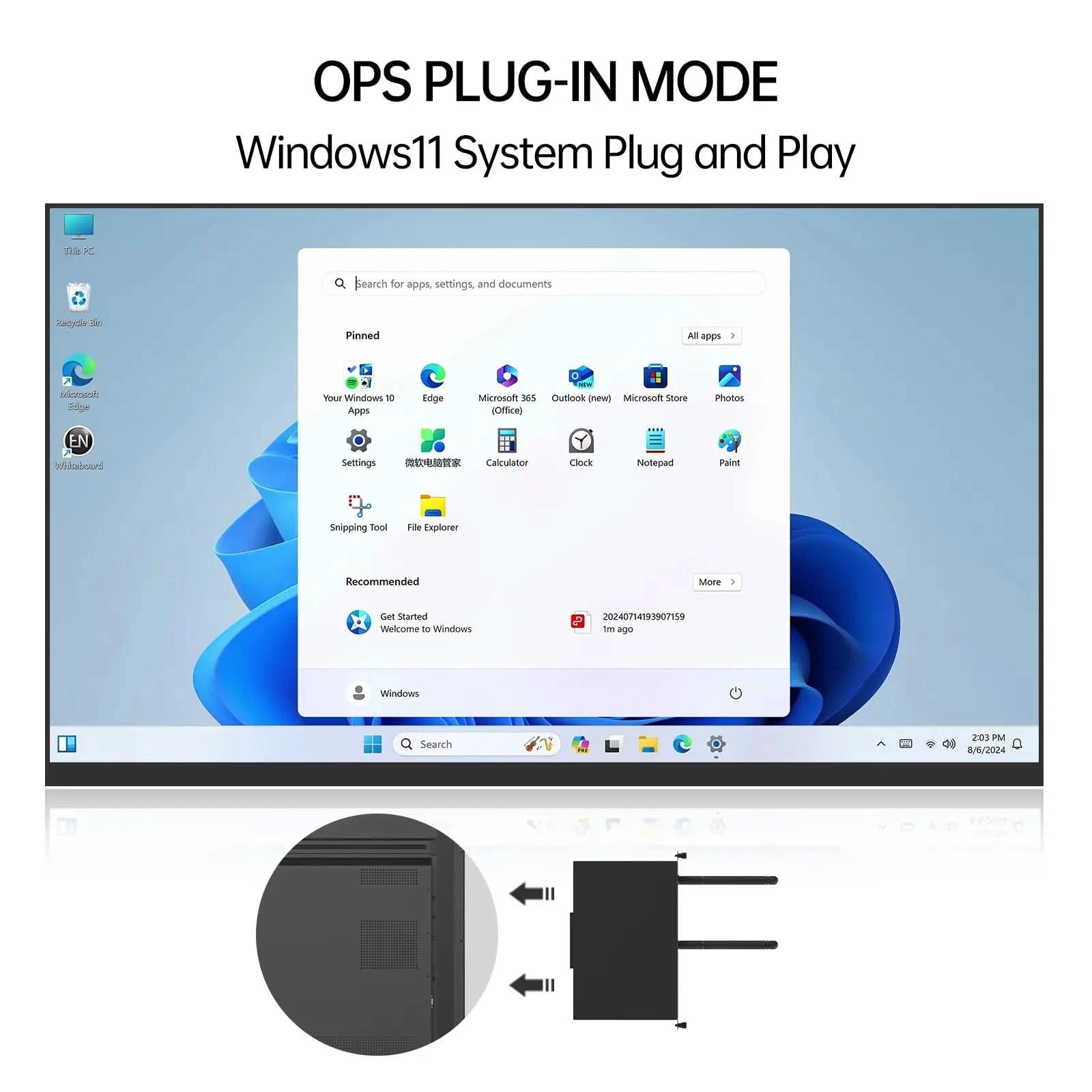 Image of Windows 11 Start Menu running in OPS Plug-in Mode on a JAV Mini PC Module. This image demonstrates the plug-and-play capability of the OPS module, showing the familiar Windows 11 interface ready for use on interactive displays. Key elements visible are the Windows 11 Start Menu, pinned apps, and the OPS plug-in diagram.