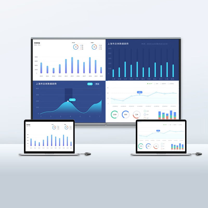 JAV smart board demonstrating multi-device wireless screen sharing, displaying data charts from two separate laptops side-by-side.