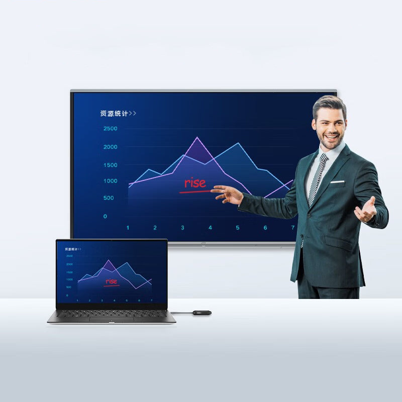 Man demonstrating easy wireless screen sharing from a laptop to a large display using a JAV wireless HDMI adapter during a presentation.