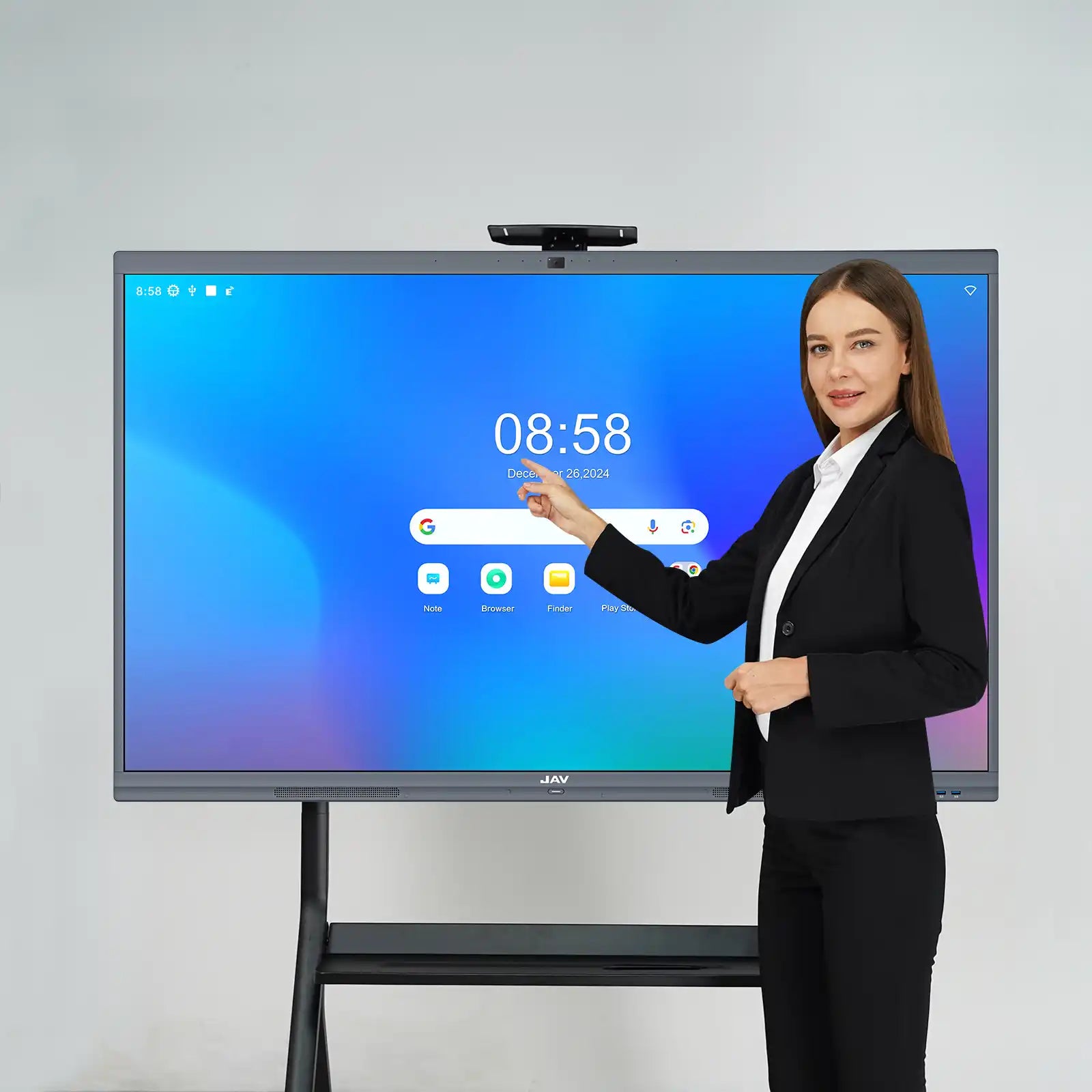 Presenter demonstrating the home screen interface of a JAV H10S Pro interactive display mounted on a mobile stand.