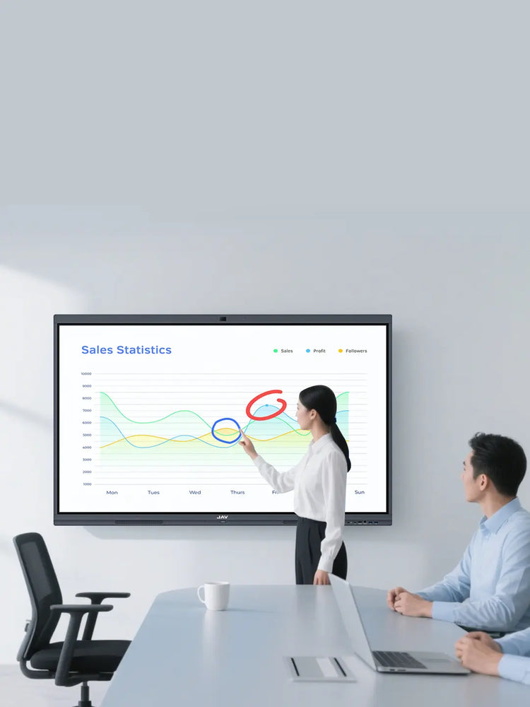Image of a professional demonstrating the whiteboarding feature of a jav smart board.