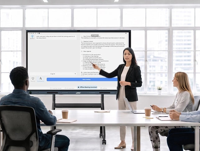 A team reviews AI meeting notes on a JAV H19S smart board.