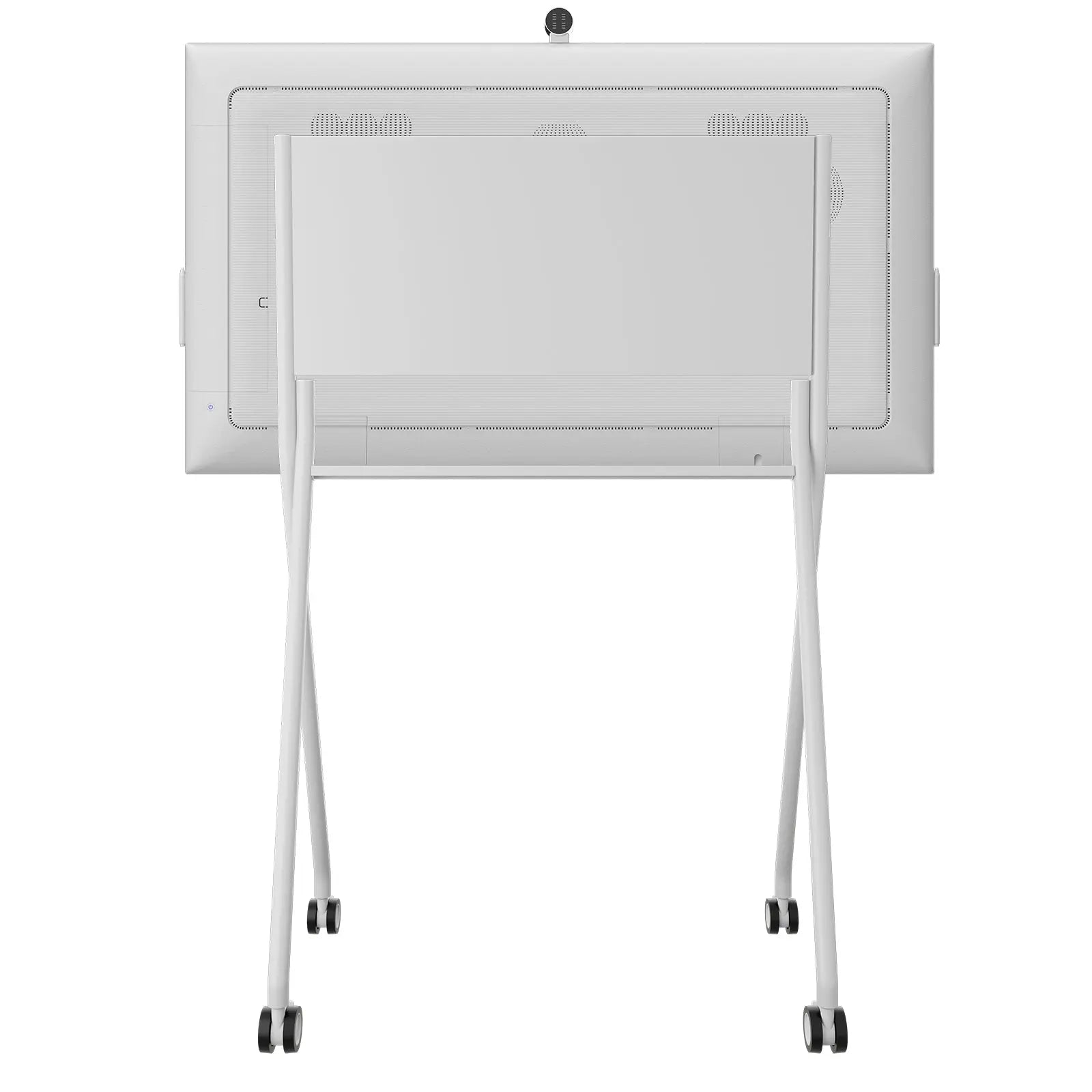 Back view of white wheeled smartboard stand for JAV H13 65-inch interactive displays, featuring screen and top-mounted camera.